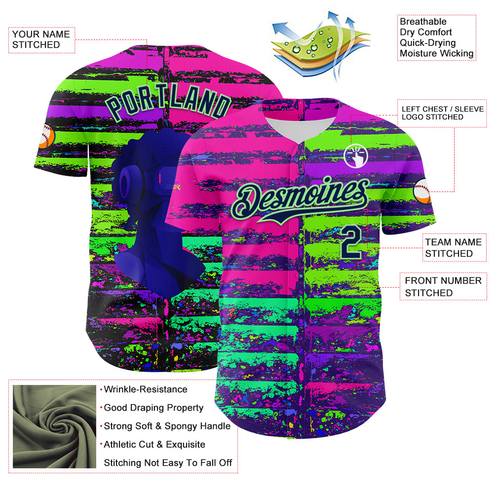 Custom Pink Navy-Pea Green 3D Pattern Design Rave Psychedelic Neon Fluid Art Authentic Baseball Jersey