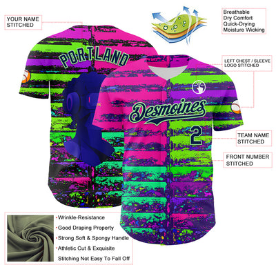 Custom Pink Navy-Pea Green 3D Pattern Design Rave Psychedelic Neon Fluid Art Authentic Baseball Jersey