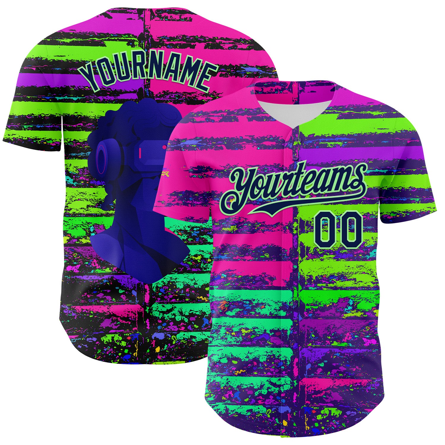 Custom Pink Navy-Pea Green 3D Pattern Design Rave Psychedelic Neon Fluid Art Authentic Baseball Jersey