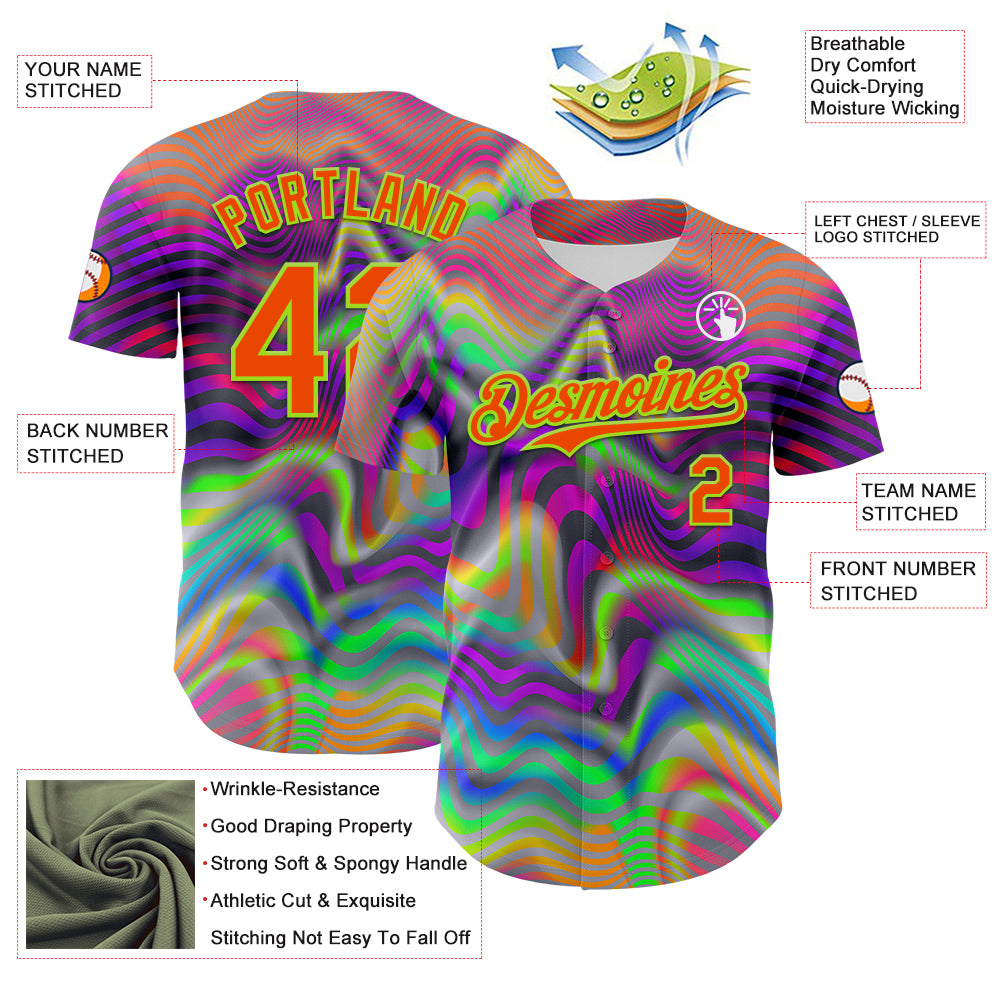 Custom Gray Orange-Neon Green 3D Pattern Design Rave Psychedelic Neon Fluid Art Authentic Baseball Jersey