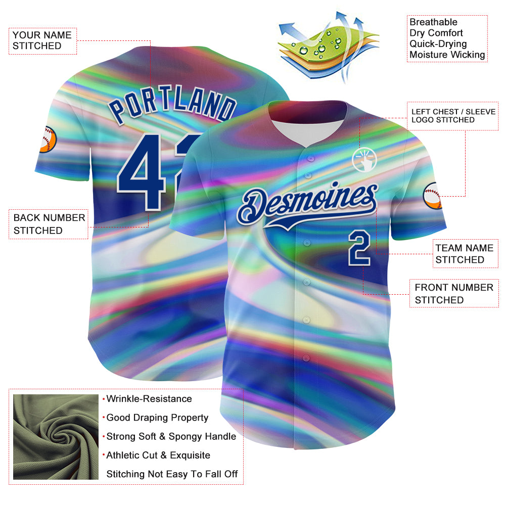 Custom White Royal 3D Pattern Design Rave Psychedelic Holographic Vaporwave Style Authentic Baseball Jersey