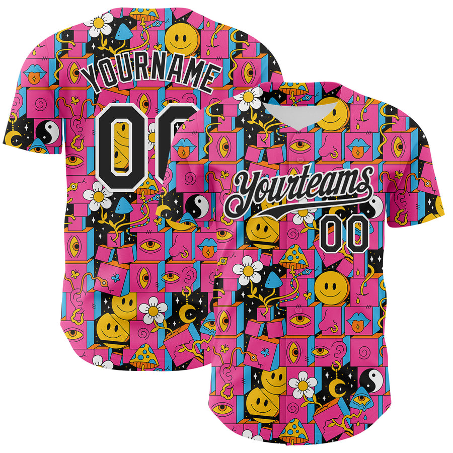 Custom Hot Pink Black-White 3D Pattern Design Rave Psychedelic Geometry Authentic Baseball Jersey