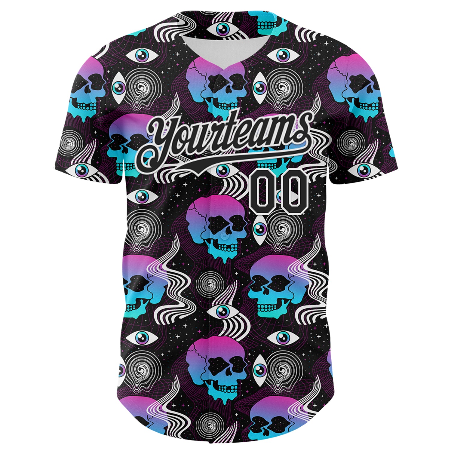 Custom Black White 3D Pattern Design Rave Psychedelic Skull Authentic Baseball Jersey