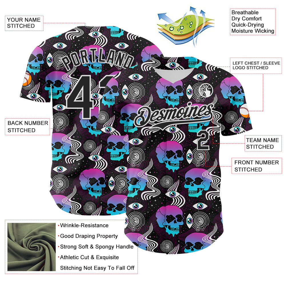 Custom Black White 3D Pattern Design Rave Psychedelic Skull Authentic Baseball Jersey