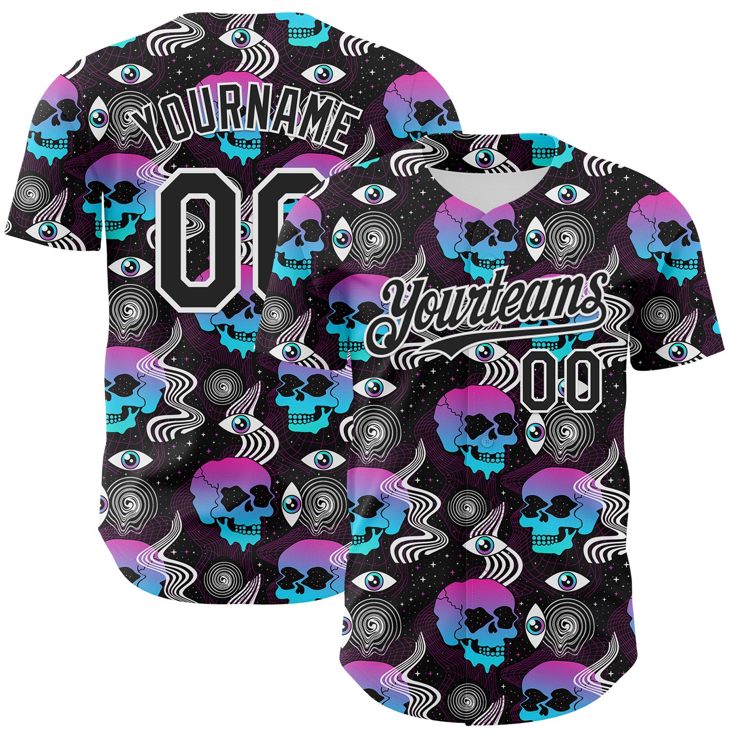 Custom Black White 3D Pattern Design Rave Psychedelic Skull Authentic Baseball Jersey