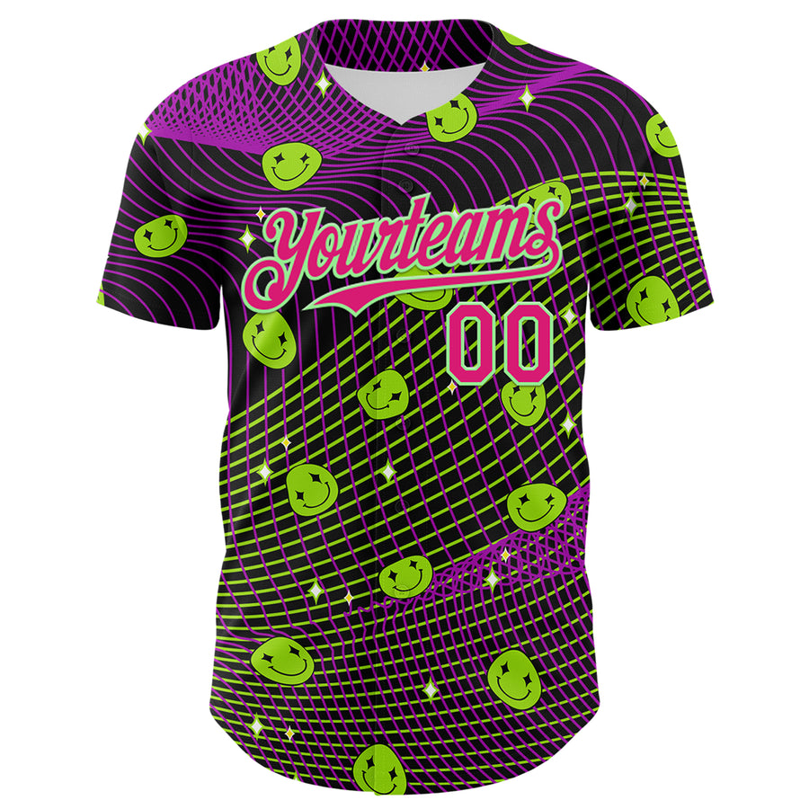 Custom Black Hot Pink-Pea Green 3D Pattern Design Rave Psychedelic Emoji Smile Authentic Baseball Jersey