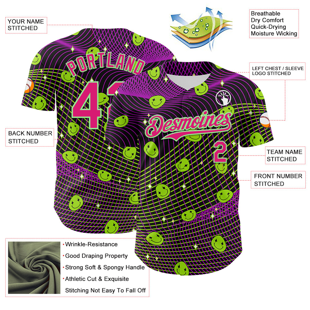 Custom Black Hot Pink-Pea Green 3D Pattern Design Rave Psychedelic Emoji Smile Authentic Baseball Jersey