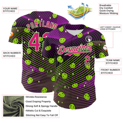 Custom Black Hot Pink-Pea Green 3D Pattern Design Rave Psychedelic Emoji Smile Authentic Baseball Jersey