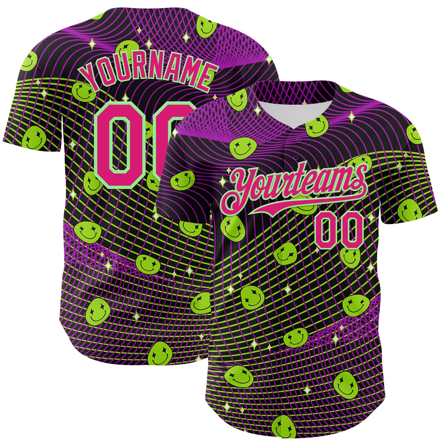 Custom Black Hot Pink-Pea Green 3D Pattern Design Rave Psychedelic Emoji Smile Authentic Baseball Jersey