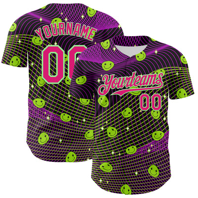 Custom Black Hot Pink-Pea Green 3D Pattern Design Rave Psychedelic Emoji Smile Authentic Baseball Jersey