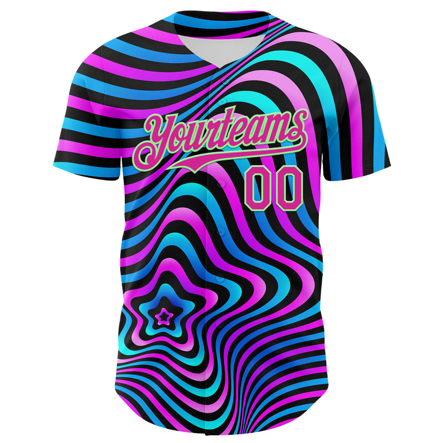 Custom Black Deep Pink-Pea Green 3D Pattern Design Rave Psychedelic Fluid Art Authentic Baseball Jersey