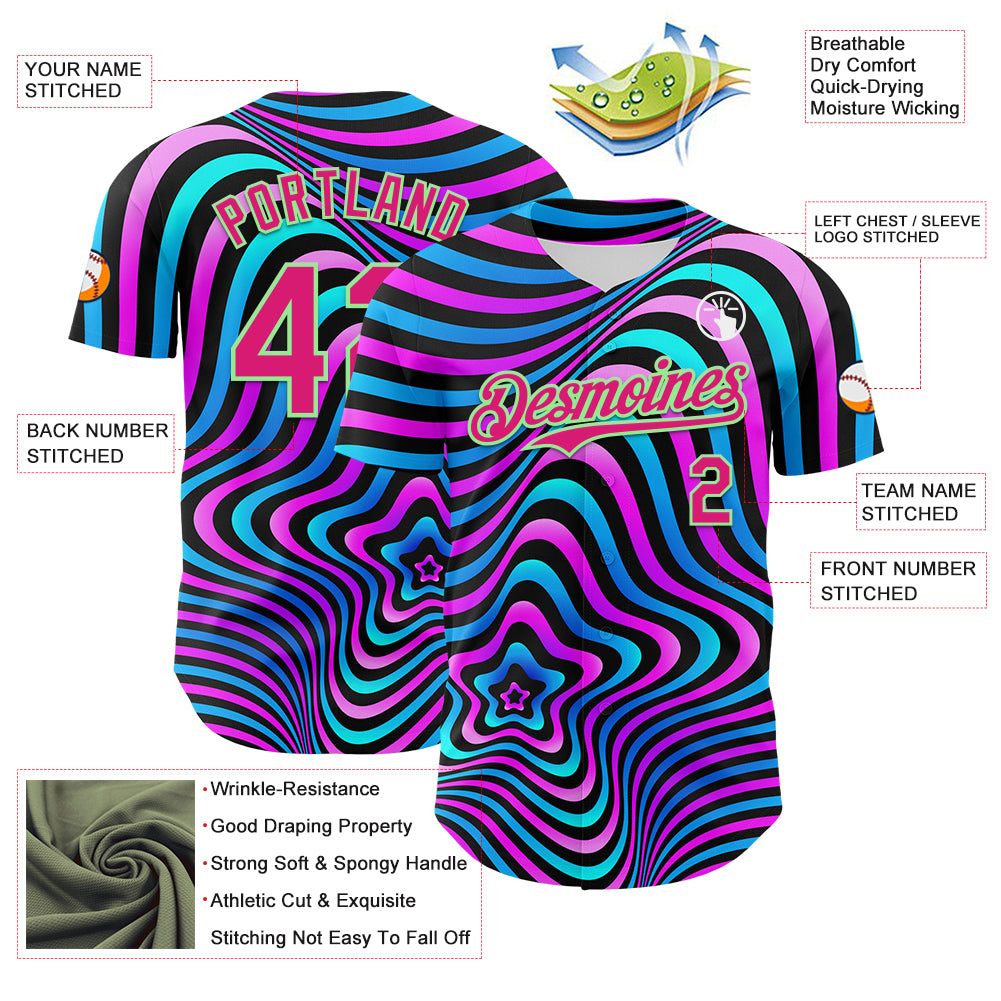 Custom Black Deep Pink-Pea Green 3D Pattern Design Rave Psychedelic Fluid Art Authentic Baseball Jersey