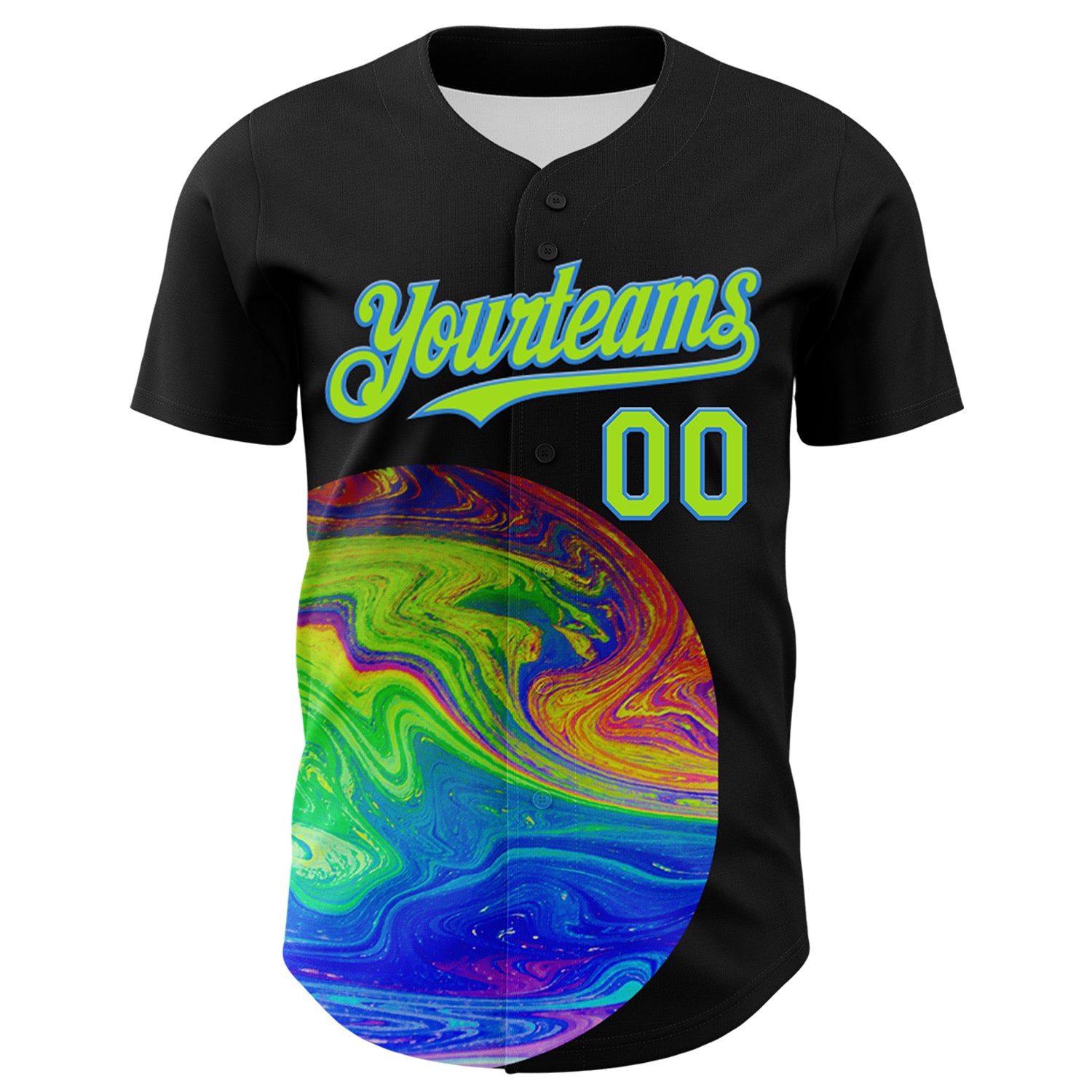 Custom Black Neon Green-Electric Blue 3D Pattern Design Rave Psychedelic Fluid Art Authentic Baseball Jersey