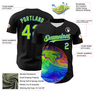 Custom Black Neon Green-Electric Blue 3D Pattern Design Rave Psychedelic Fluid Art Authentic Baseball Jersey