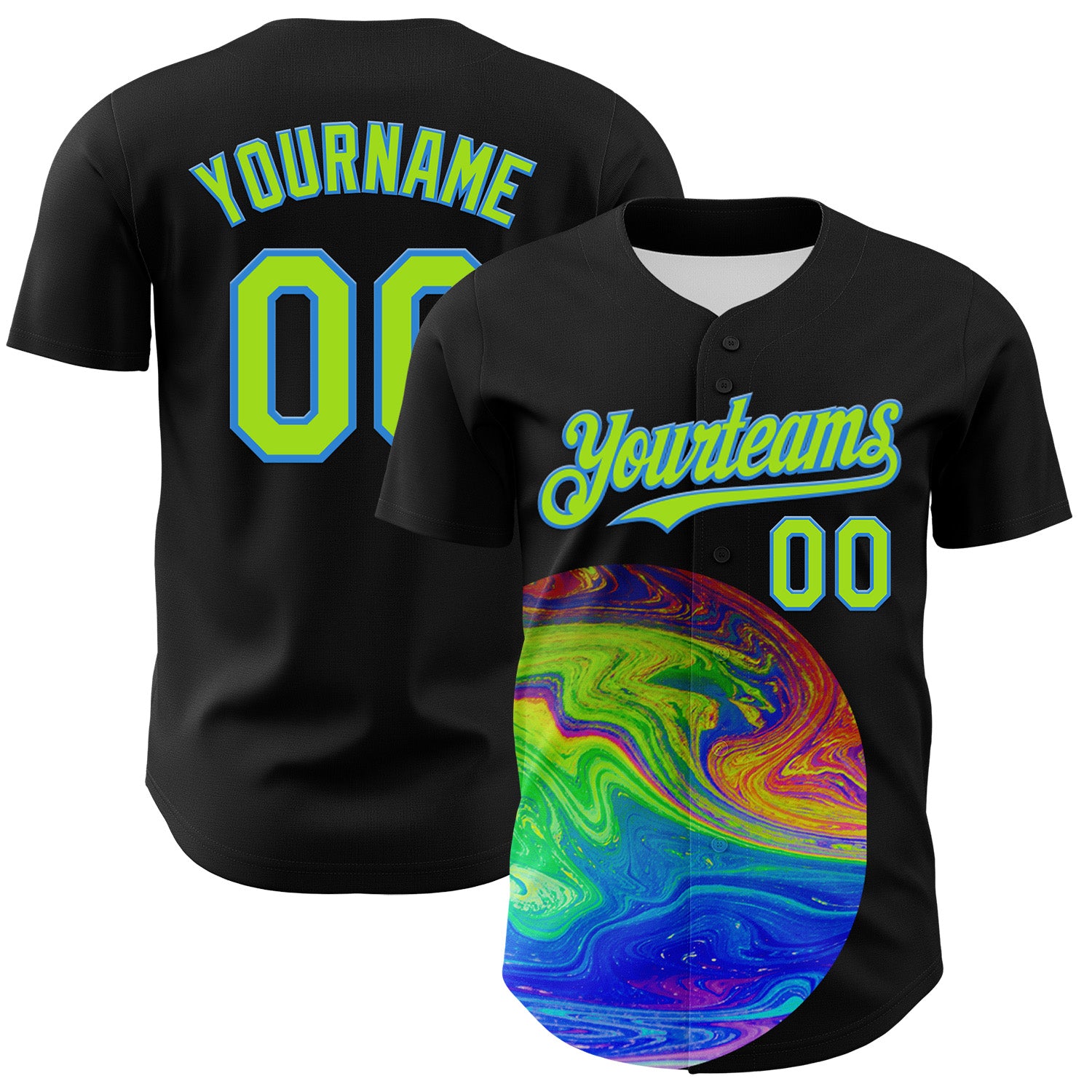 Custom Black Neon Green-Electric Blue 3D Pattern Design Rave Psychedelic Fluid Art Authentic Baseball Jersey