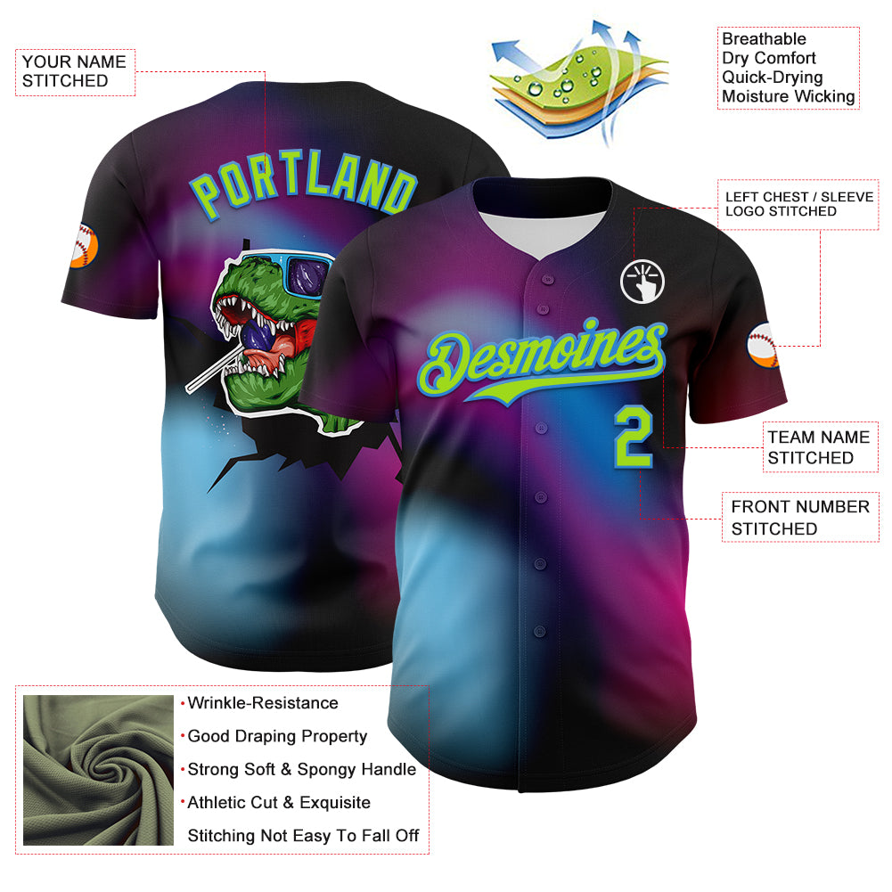 Custom Black Neon Green-Electric Blue 3D Pattern Design Rave Psychedelic Neon Dinosaur Authentic Baseball Jersey