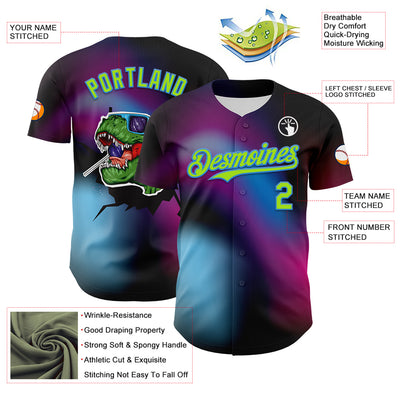 Custom Black Neon Green-Electric Blue 3D Pattern Design Rave Psychedelic Neon Dinosaur Authentic Baseball Jersey