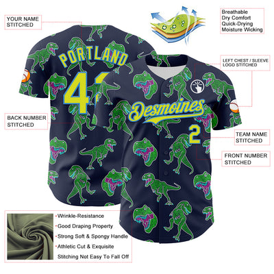 Custom Navy Neon Yellow-Electric Blue 3D Pattern Design Rave Psychedelic Neon Dinosaur Authentic Baseball Jersey