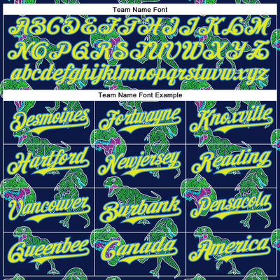 Custom Navy Neon Yellow-Electric Blue 3D Pattern Design Rave Psychedelic Neon Dinosaur Authentic Baseball Jersey