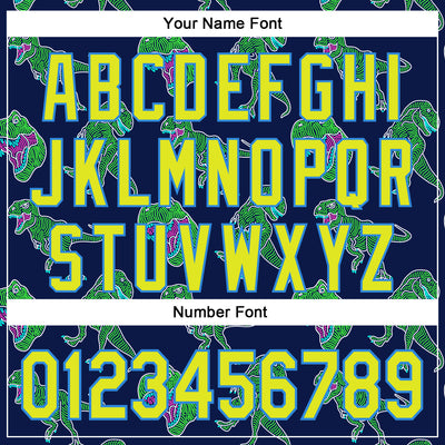 Custom Navy Neon Yellow-Electric Blue 3D Pattern Design Rave Psychedelic Neon Dinosaur Authentic Baseball Jersey