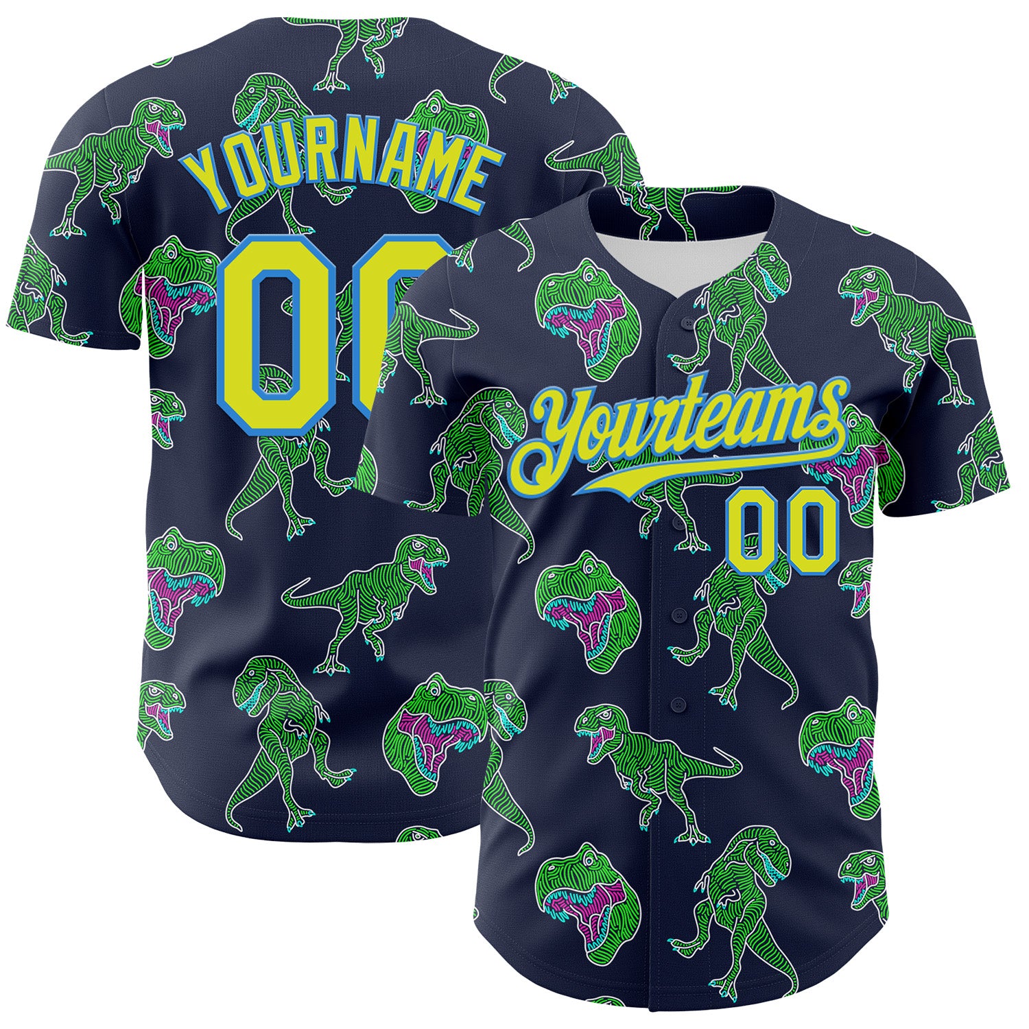 Custom Navy Neon Yellow-Electric Blue 3D Pattern Design Rave Psychedelic Neon Dinosaur Authentic Baseball Jersey