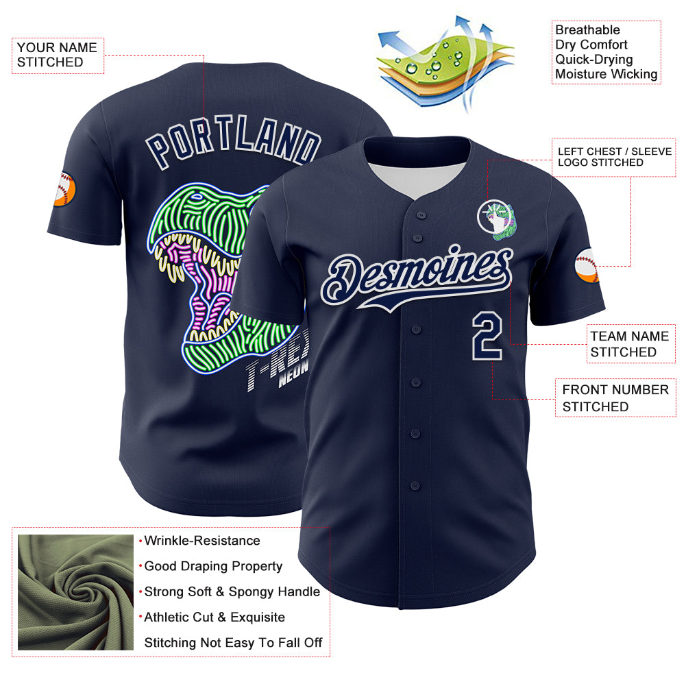 Custom Navy White 3D Pattern Design Rave Psychedelic Neon Dinosaur Authentic Baseball Jersey