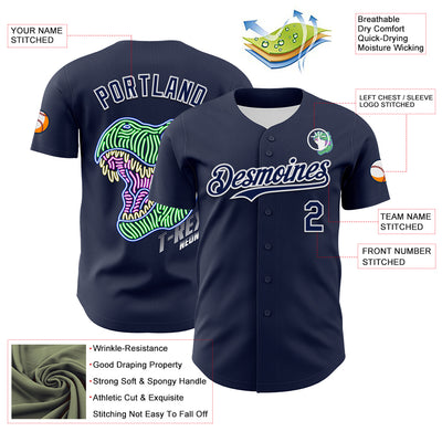 Custom Navy White 3D Pattern Design Rave Psychedelic Neon Dinosaur Authentic Baseball Jersey