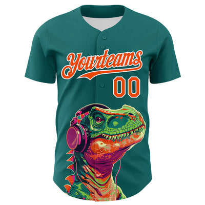 Custom Teal Orange-White 3D Pattern Design Rave Psychedelic Dinosaur Authentic Baseball Jersey