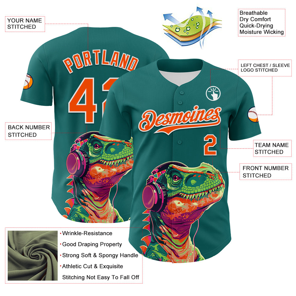 Custom Teal Orange-White 3D Pattern Design Rave Psychedelic Dinosaur Authentic Baseball Jersey