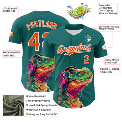 Custom Teal Orange-White 3D Pattern Design Rave Psychedelic Dinosaur Authentic Baseball Jersey