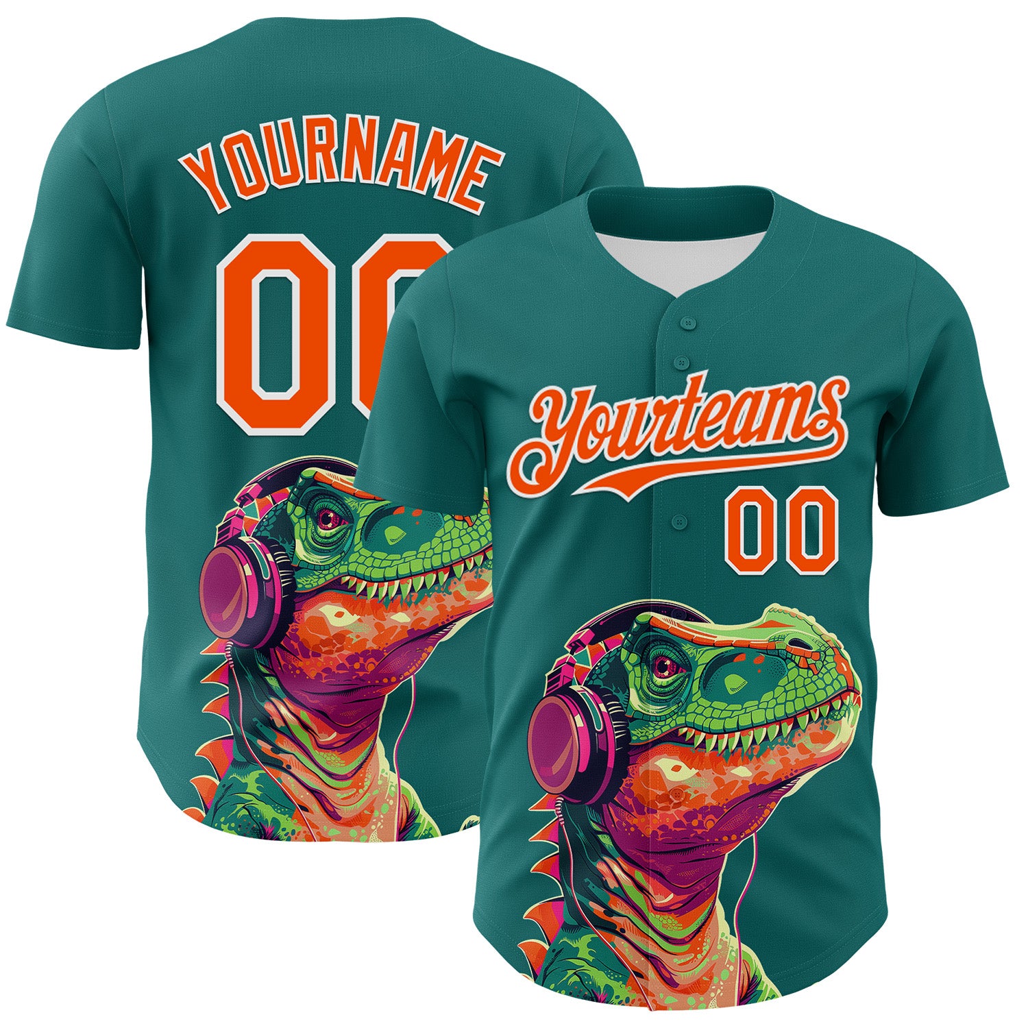 Custom Teal Orange-White 3D Pattern Design Rave Psychedelic Dinosaur Authentic Baseball Jersey