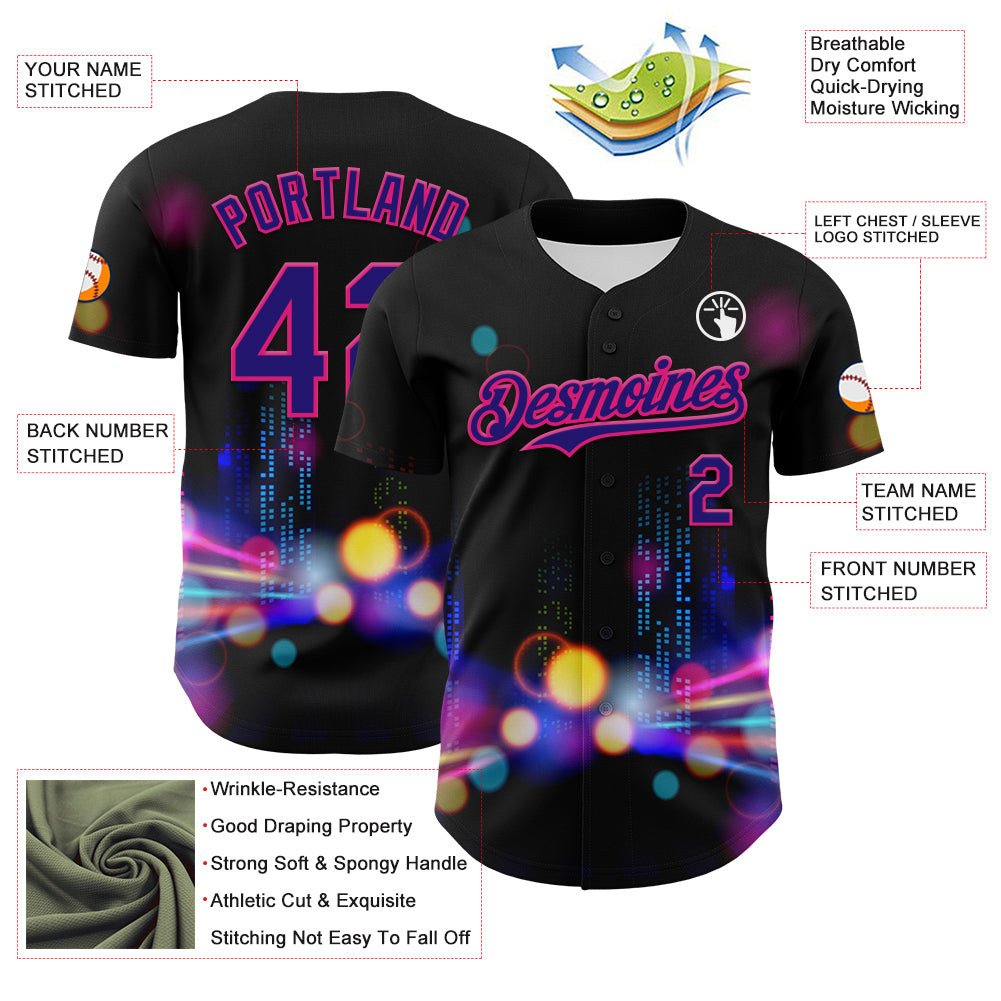 Custom Black Dark Purple-Hot Pink 3D Pattern Design Rave Psychedelic City Neon Authentic Baseball Jersey