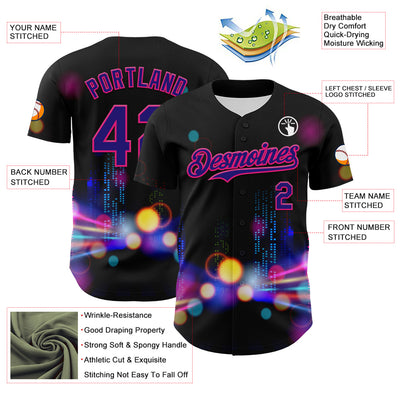 Custom Black Dark Purple-Hot Pink 3D Pattern Design Rave Psychedelic City Neon Authentic Baseball Jersey