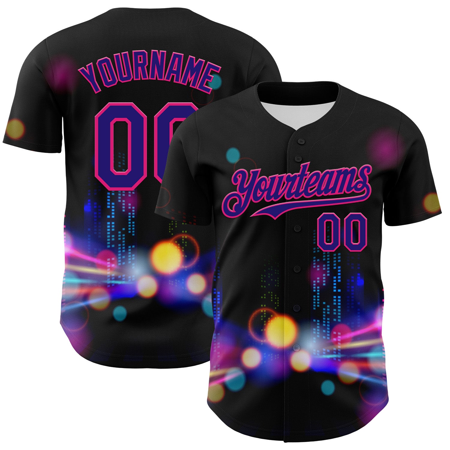 Custom Black Dark Purple-Hot Pink 3D Pattern Design Rave Psychedelic City Neon Authentic Baseball Jersey