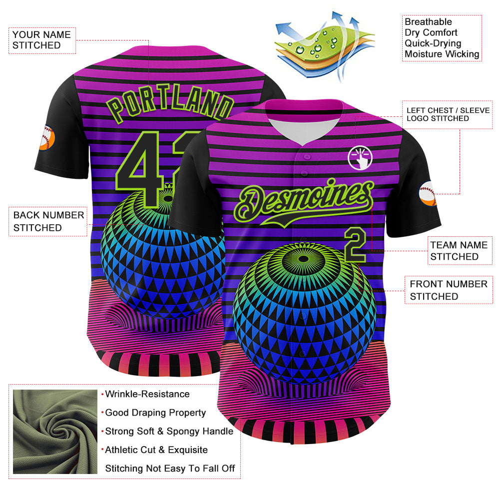 Custom Black Neon Green 3D Pattern Design Rave Psychedelic Geometry Authentic Baseball Jersey