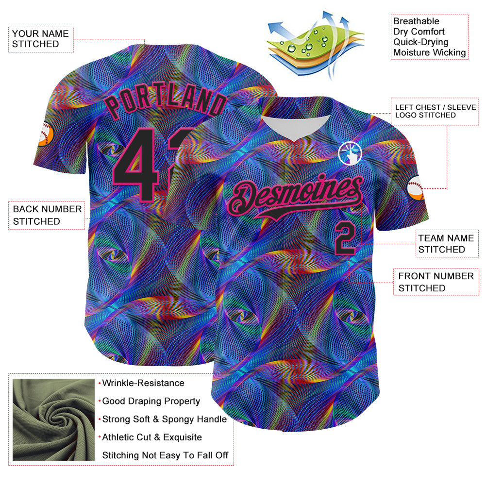 Custom Black Hot Pink 3D Pattern Design Rave Psychedelic Fractal Style Authentic Baseball Jersey