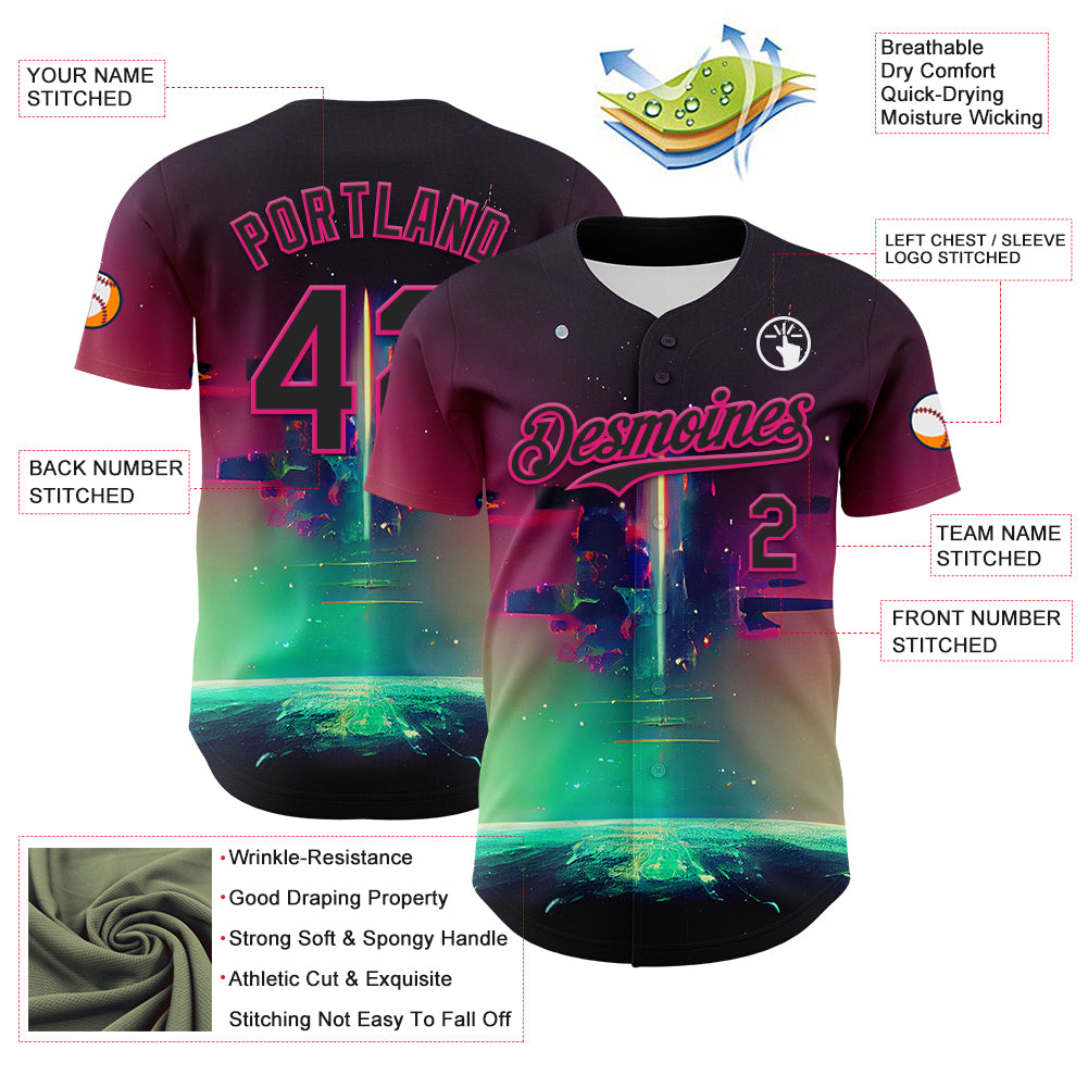 Custom Black Hot Pink 3D Pattern Design Rave Psychedelic Universe Authentic Baseball Jersey
