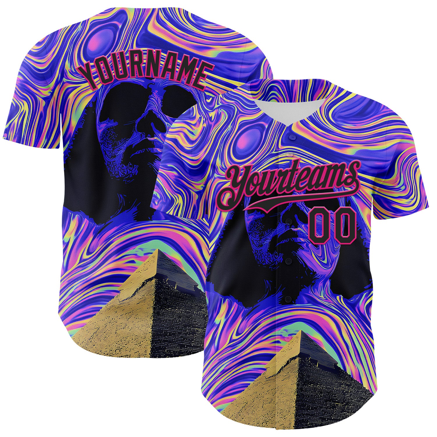 Custom Purple Black-Hot Pink 3D Pattern Design Rave Psychedelic Fluid Art Pyramid Authentic Baseball Jersey