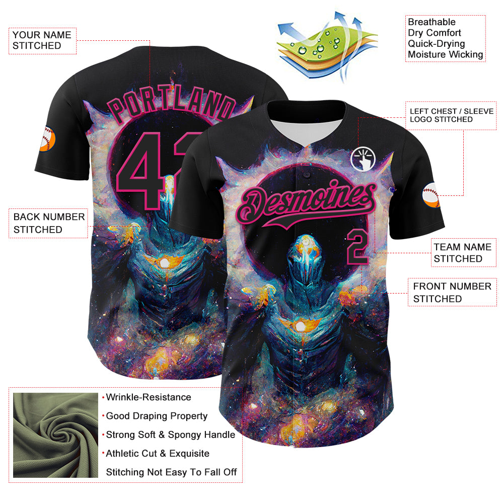 Custom Black Hot Pink 3D Pattern Design Rave Psychedelic Alien Authentic Baseball Jersey