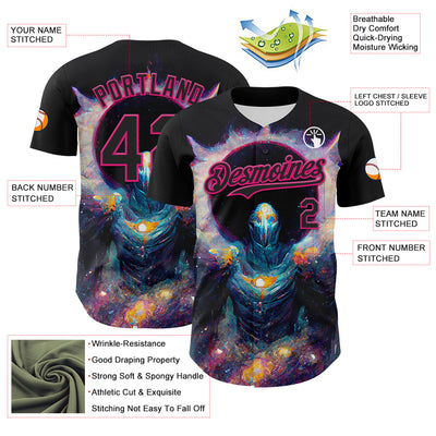 Custom Black Hot Pink 3D Pattern Design Rave Psychedelic Alien Authentic Baseball Jersey