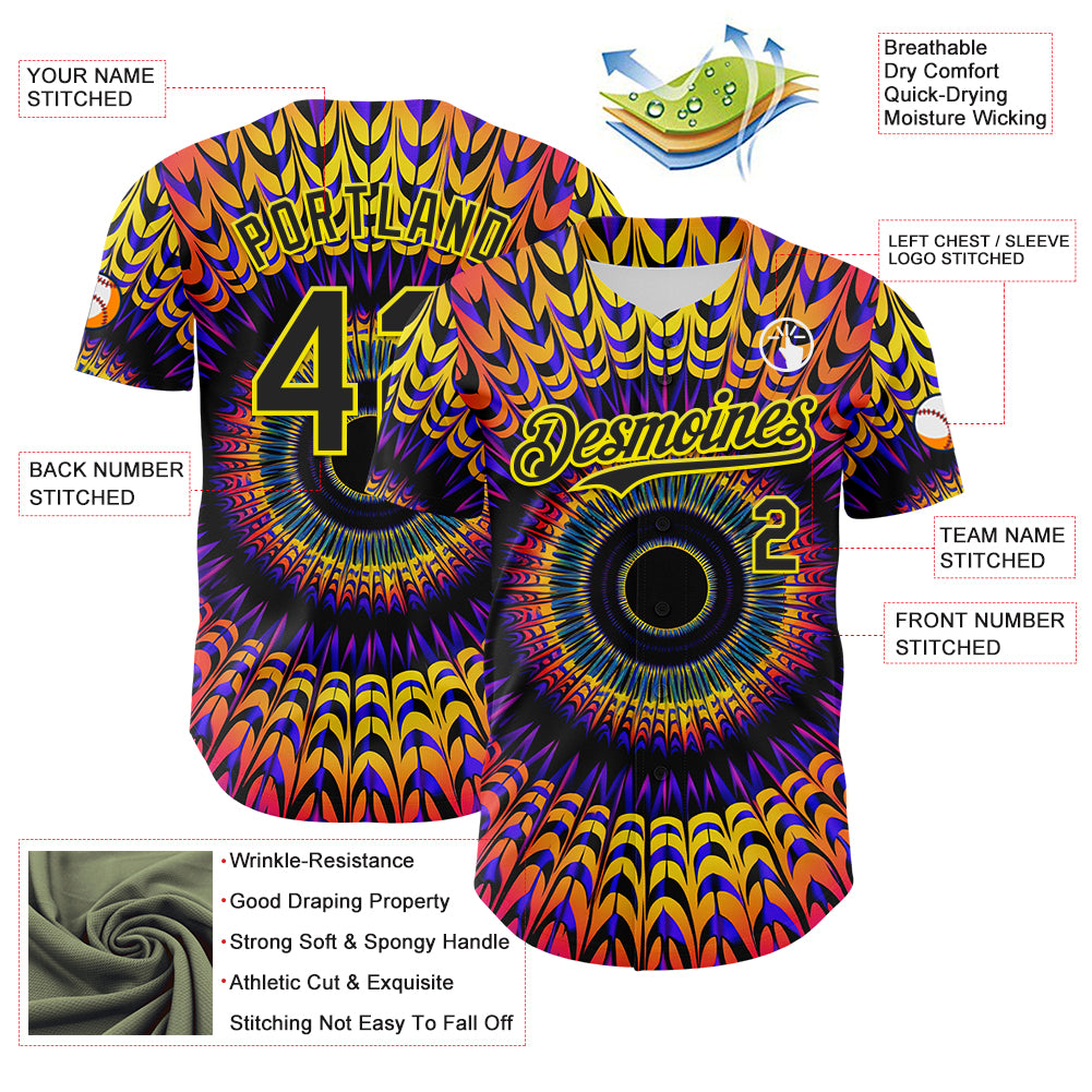 Custom Black Light Yellow 3D Pattern Design Rave Psychedelic Fractal Style Authentic Baseball Jersey