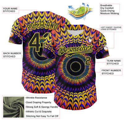 Custom Black Light Yellow 3D Pattern Design Rave Psychedelic Fractal Style Authentic Baseball Jersey