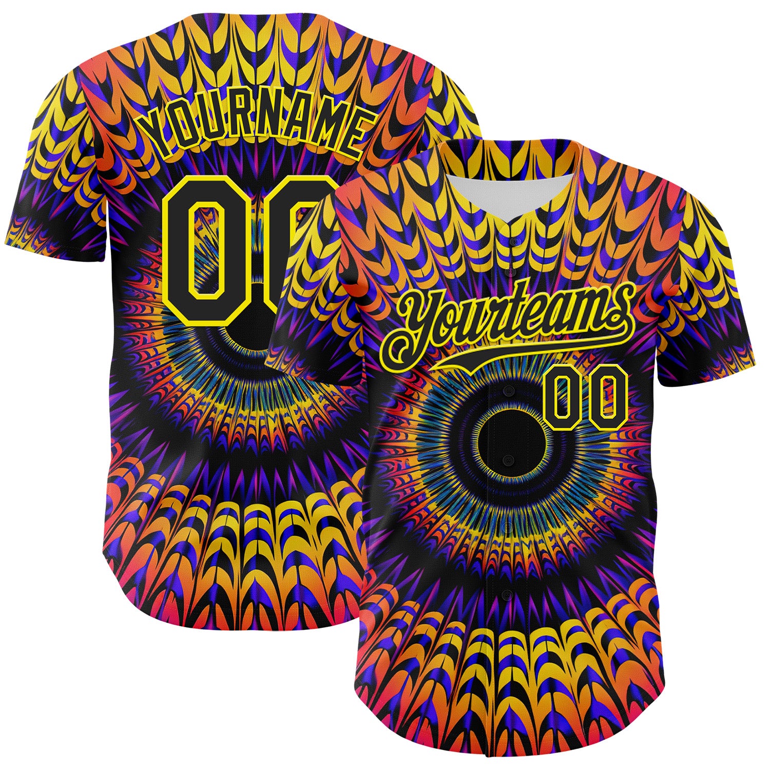 Custom Black Light Yellow 3D Pattern Design Rave Psychedelic Fractal Style Authentic Baseball Jersey