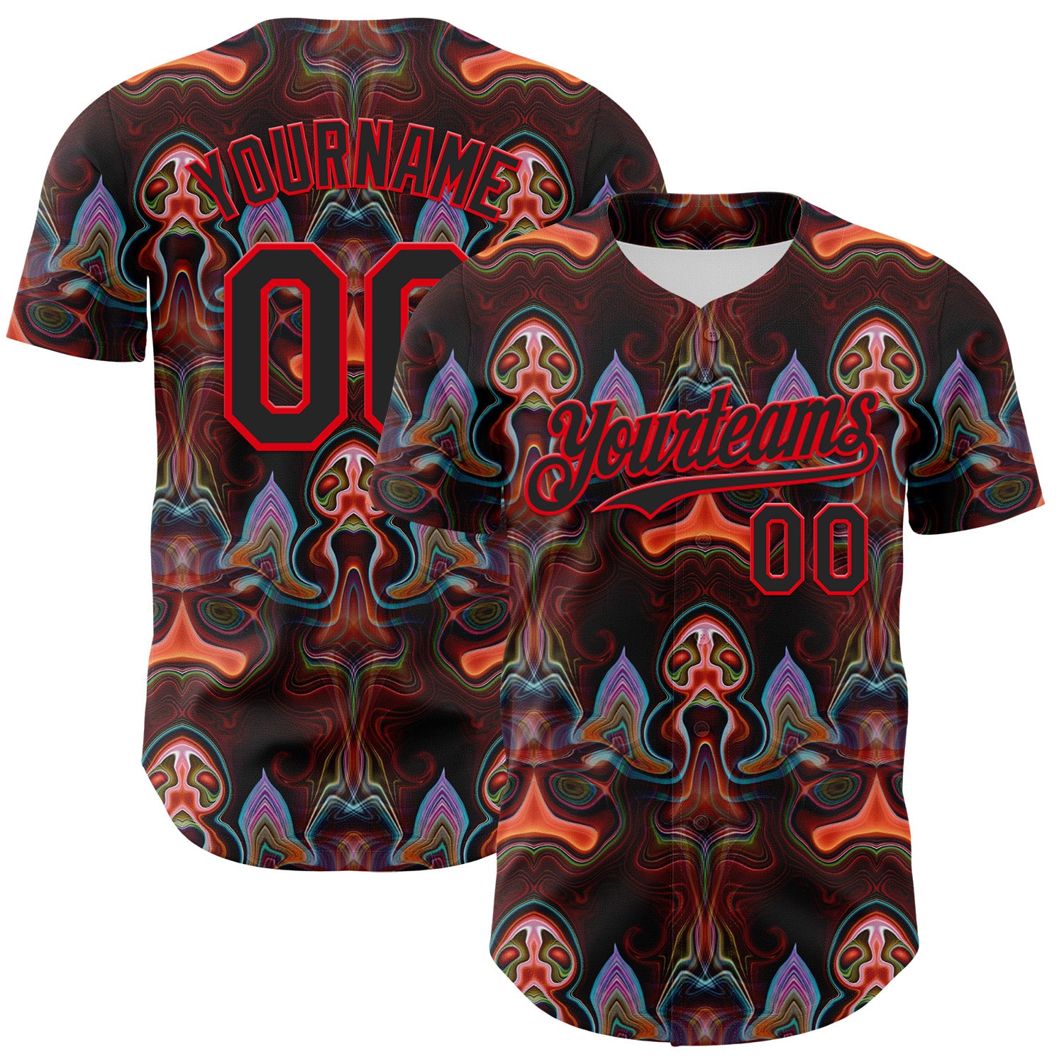 Custom Brown Black-Fire Red 3D Pattern Design Rave Psychedelic Fluid Art Authentic Baseball Jersey