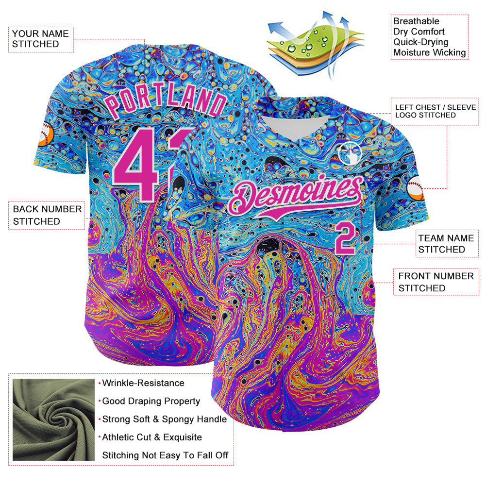 Custom Electric Blue Deep Pink-White 3D Pattern Design Rave Psychedelic Fluid Art Authentic Baseball Jersey