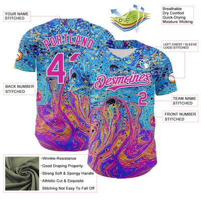 Custom Electric Blue Deep Pink-White 3D Pattern Design Rave Psychedelic Fluid Art Authentic Baseball Jersey