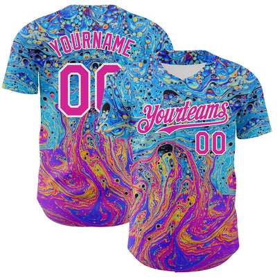 Custom Electric Blue Deep Pink-White 3D Pattern Design Rave Psychedelic Fluid Art Authentic Baseball Jersey