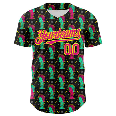 Custom Black Hot Pink-Light Yellow 3D Pattern Design Rave Psychedelic Sculpture Authentic Baseball Jersey