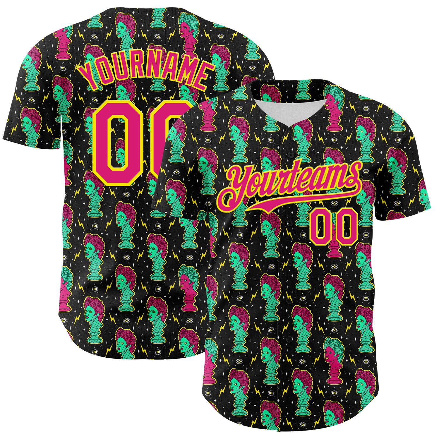 Custom Black Hot Pink-Light Yellow 3D Pattern Design Rave Psychedelic Sculpture Authentic Baseball Jersey