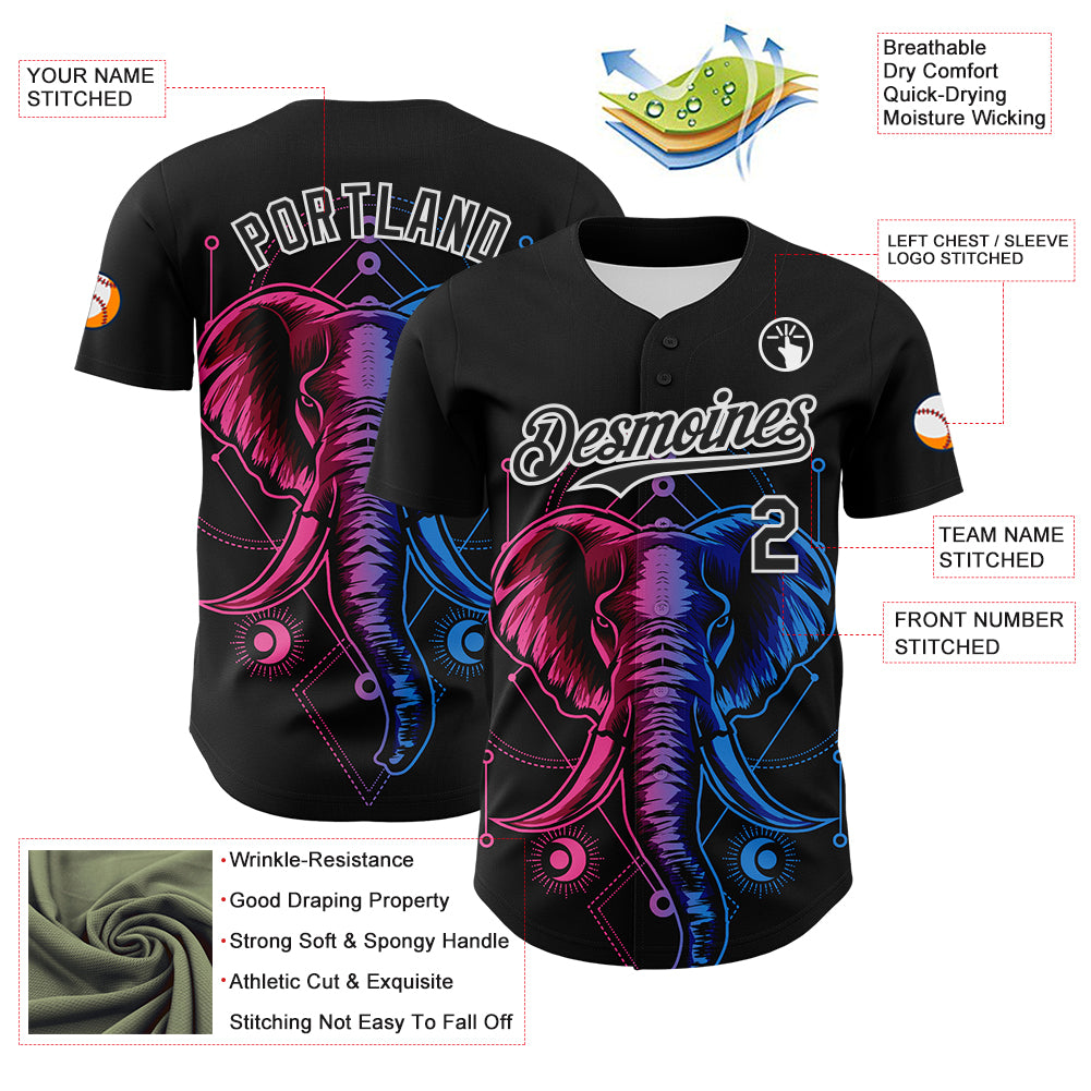 Custom Black White 3D Pattern Design Rave Psychedelic Elephant Authentic Baseball Jersey